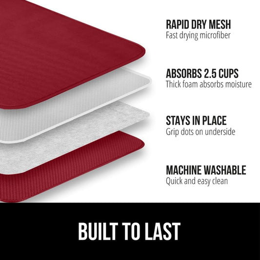 GORILLA GRIP Ultra Water Absorbent Microfiber Dish Drying Mat, Quick Dry Thick Mesh, Slip Resistant Pad for Sink Dishes or Under Rack, Kitchen Counter Accessories, 16x18, Machine Wash Mats, Red