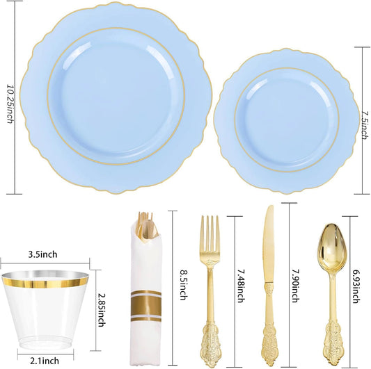 Liacere 350PCS Bule Plastic Plates - Disposable Bule and Gold Plates 50guest Baroque Plastic Dinnerware include 100Plates, 50Pack Pre Rolled Napkins with Silverware 50Cups for Wedding&Mother's Day