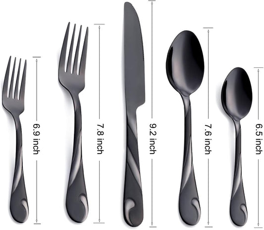 Black Silverware Set for 12, 60-Piece Stainless Steel Flatware Set, Shiny Black Metal Cutlery Set, Include Fork, Knife and Spoon Set, Dishwasher Safe