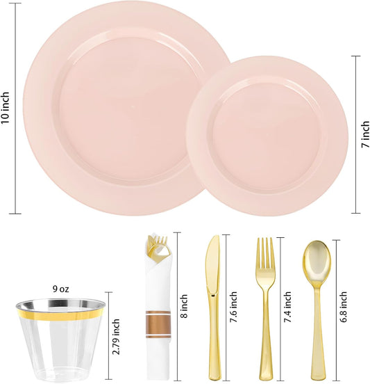350 PCS Pink Plastic Dinnerware Set for 50 Guests, 100 Disposable Plates for Party, 50 Pre Rolled Napkins with Gold Silverware, 50 Cups for Wedding, Graduation