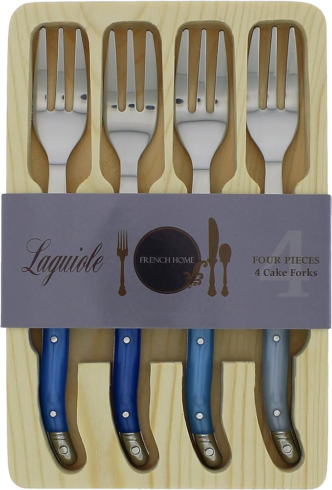 French Home Laguiole 4-Piece Cake Forks Set – Sophisticated Stainless Steel Forks with Shades of Blue Handles – Laguiole Flatware Set for Cake, Fruit, or Appetizers (6.75")
