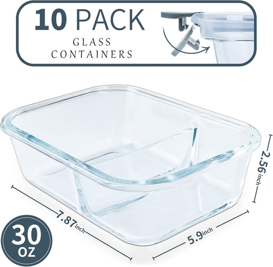 KOMUEE 10 Packs 30oz Glass Meal Prep Containers 2 Compartments,Glass Food Storage Containers with Lids,Airtight Lunch Bento Boxes,Microwave,Oven,Freezer and Dishwasher Safe