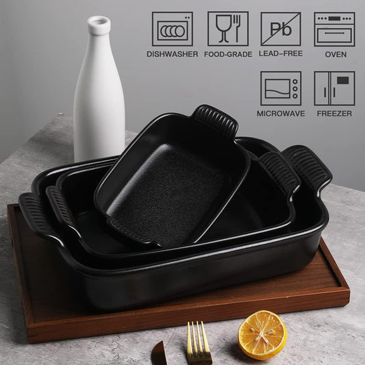 Sweejar Baking Pans Set, Ceramic 9x13 Baking Dish with Handle, Rectangular Casserole Dishes for Oven, Bakeware Sets of 3, Durable Lasagna Pan Deep for Kitchen, Banquet, Wedding Gift(Black)