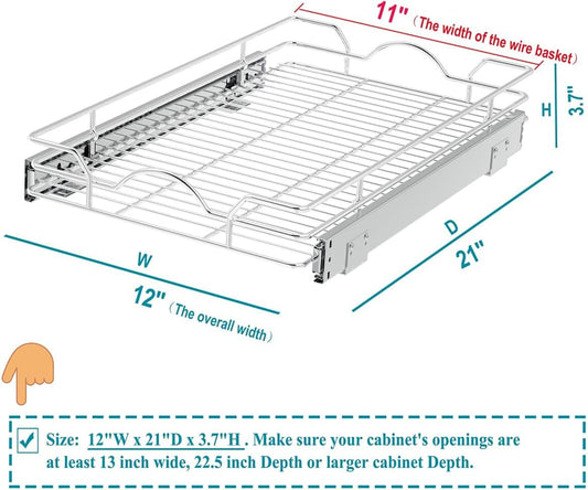 OCG Pull Out Cabinet Organizer 2 Pack (12" W x 21" D), Pull out Shelves 1 Tier, Cabinet Slide Out Shelves for Base Cabinet Organization in Kitchen Bathroom Pantry, Bottom Mount, Chrome Finish