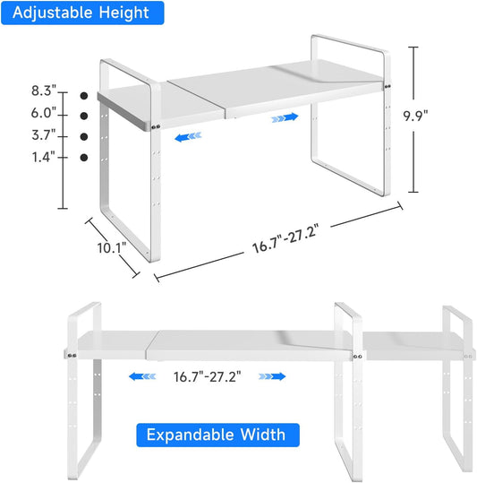 Expandable Cabinet Shelf Organizer, Stackable Kitchen Pantry Counter Storage, Adjustable Closet Cupboard Stand Rack Risers Spice Organization 80LBS Heavy Duty White Large 1 Pack