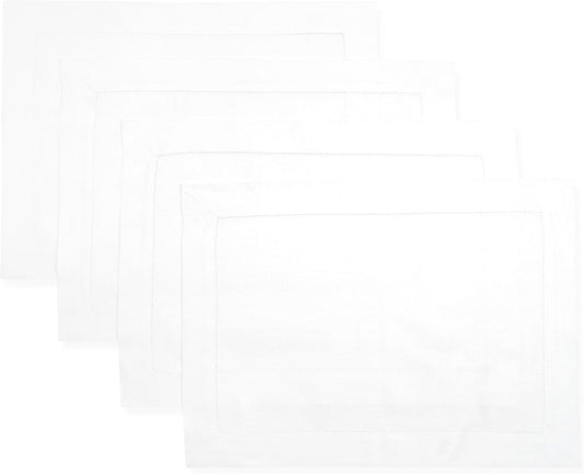 D'Moksha Homes White Linen Placemats Set of 4 - Classic Hemstitch Placemats 14 x 19 Inch - 100% Pure Linen Table Mats for Fall, Autumn and Halloween - Handcrafted and Machine Washable