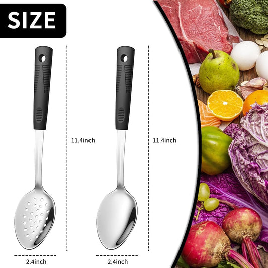 2-Piece,Stainless Steel Serving spoons set with Slotted Spoon.Serving Spoon and Perforated Spoon, kitchen cooking serving utensils set cooking spoon-black