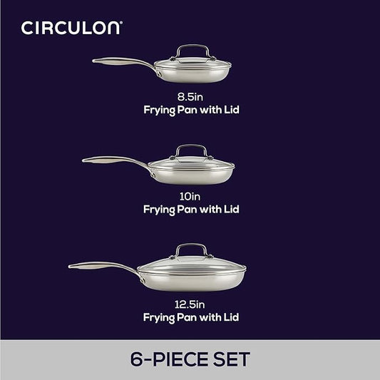 Circulon C1 Series Clad Stainless Steel with ScratchDefense Technology Cookware Nonstick Induction Frying Pans/Skillets with Lids, Metal Utensil Safe, 6 Piece Set - Polished Stainless Steel