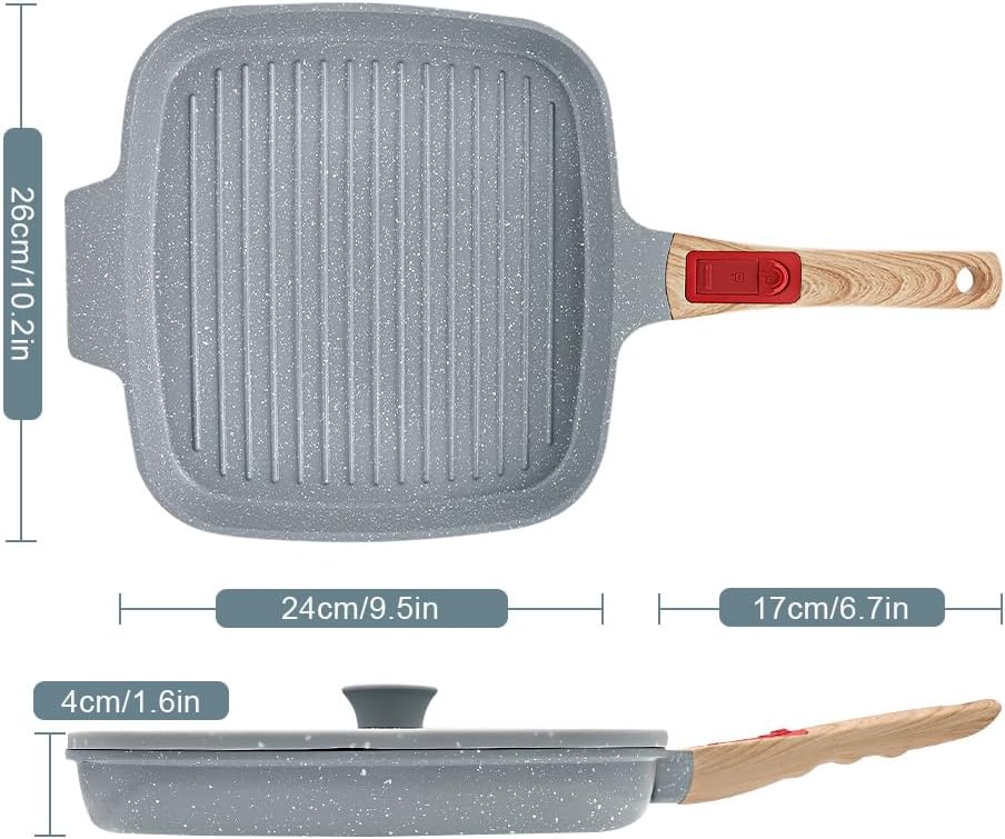 Nonstick Ceramic Griddle Pan with Lid, 10 Inch Steak Pan with Detachable Handle Induction Compatible, PFOA Free - Blue