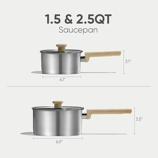 CAROTE 1.5Qt & 2.5Qt Stainless Steel Sauce Pan Set with Lid, 3-ply Base, Non-Toxic PTFE & PFOA Free Saucepan, Induction Cookware Set, Small Kitchen Pots, Stay-Cool Handles