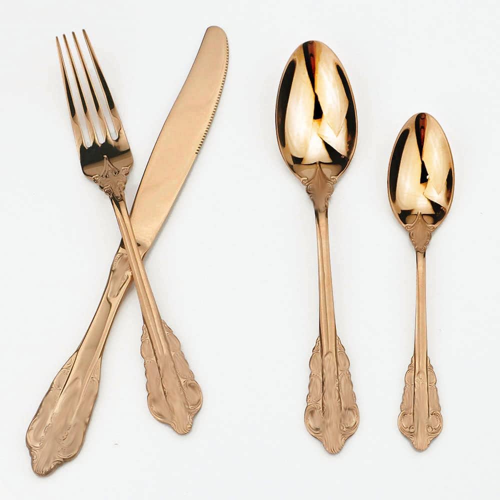 JASHII 24-Piece Silverware Set, Stainless Steel Flatware Cutlery Eating Utensils Service for 6, Unique Elegant Pattern, Mirror Polished, Dishwasher Safe (Rose gold)
