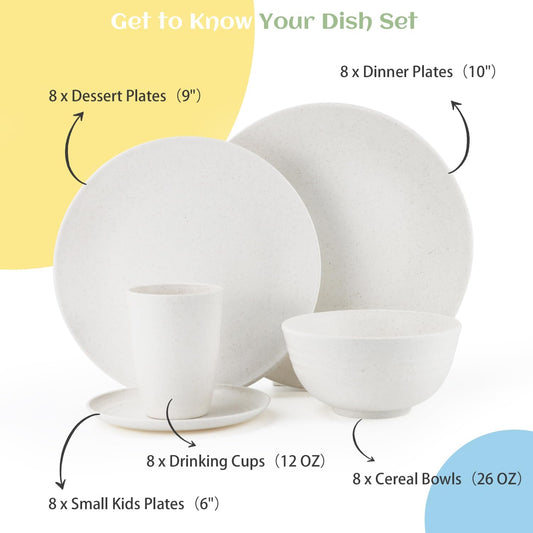 Homienly Wheat Straw Dinnerware Set,40-Piece Dish Set for 8, Dinner Plates, Dessert Plate, Cereal Bowls, Cups, Appetizer Plates,Reusable Dinner Plates Kids Plates and Bowls Sets, White