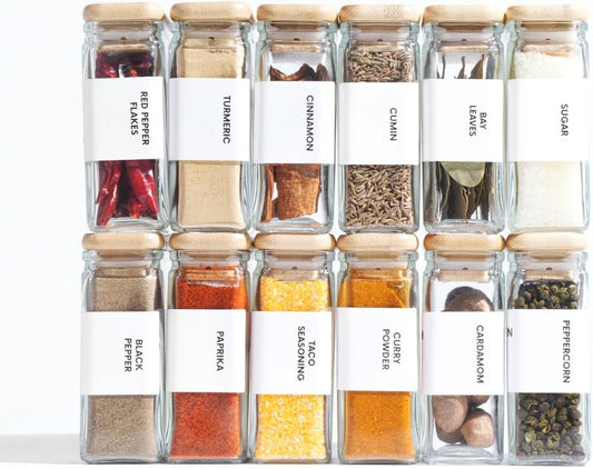 APT 1101 Glass Square Spice Jars with Labels, 4oz Glass Jars with Bamboo Lids, Spice Bottles, Seasoning Organizer, 12 Pack (White)