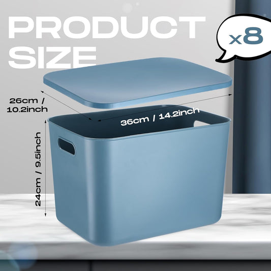 Hoolerry 8 Pieces Colorful Storage Bins with Lid, Plastic Storage Basket Organizing Container Stackable Box with Handle for Shelves Desktop Playroom Office(14.2 x 10.2 x 9.5 Inch,Blue)