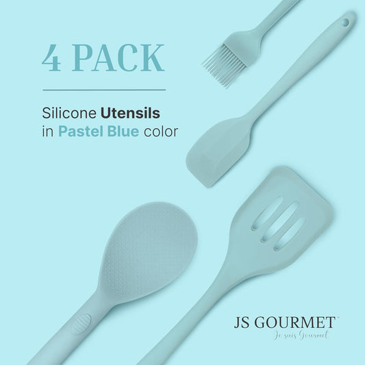 Silicone Utensils 4-Piece Set – Rubber Spatula, Pastry Brush, Slotted Turner, and Rice Paddle – Complete Heat-Resistant Set for Non-Stick Cookware – Kitchen Tools for Cooking and Baking – Pastel Blue