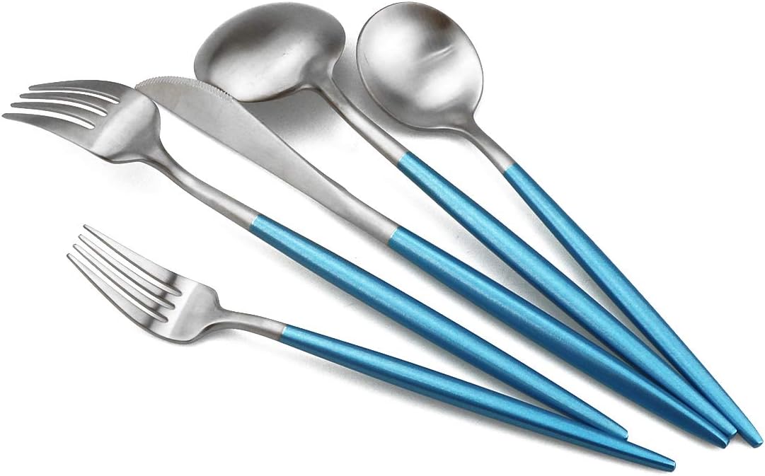 Gugrida Luxury Flatware, Royal 20 Piece Matte Blue Handle 18/10 Stainless Steel Tableware Sets for 4 Including Forks Spoons Knives, Camping Silverware Travel Utensils Set Cutlery (Blue Silver)
