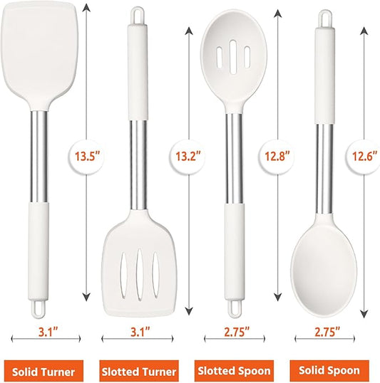 E-far Cooking Utensils Set of 4, Silicone Kitchen Utensils for Non-stick Cookware, Heat Resistant & Non-toxic Slotted Spatula Solid Spoon Turner for Flipping Mixing Serving Basting(White)