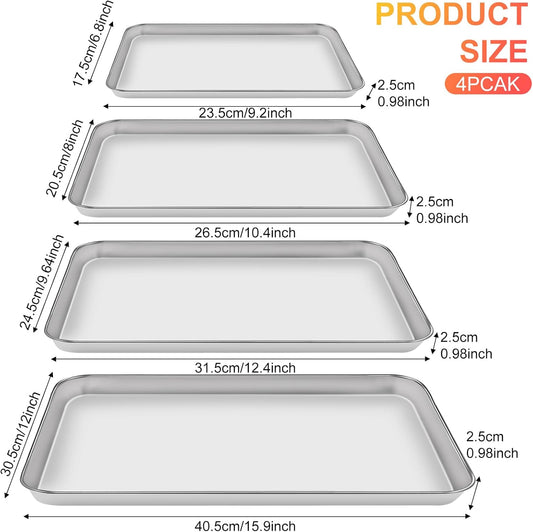 Baking Sheet Set of 4, Stainless Steel Cookie Sheet Pan,Stainless Steel Baking Pan Oven Tray, Mirror Finish,Heavy Duty, Easy Clean & Dishwasher Safe,9/10/12/16 Inch