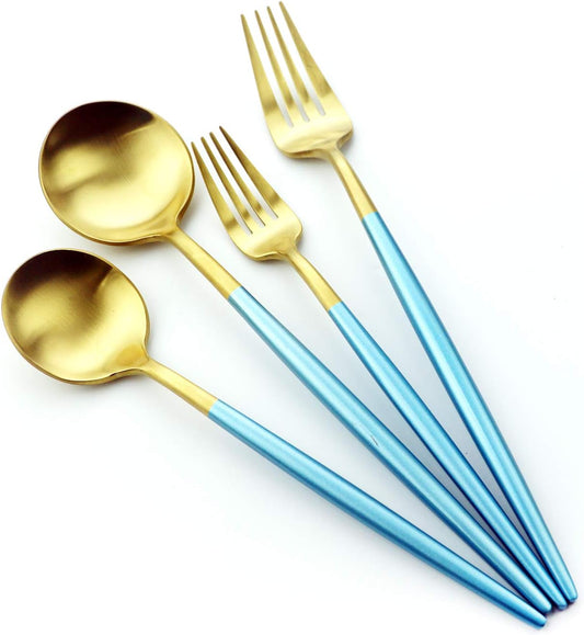 Gugrida 20 Pieces Matte Gold Blue Handle 18/10 Stainless Steel Silverware Set, Flatware Set Titanium Black Cutlery Set, Utensils Set for Home Restaurant Service Set for 4, Dishwasher Safe (Blue Gold)