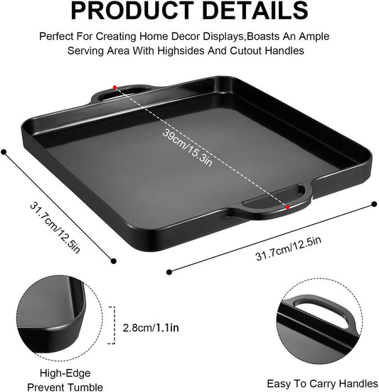 Square Serving Trays with Handles Melamine Black 12.5x12.5 Inch Spill Proof Kitchen Eating Trays Set of 2 for Cafeteria Cafe Food Appeizer Dessert Snack Dinner Lunch Breakfast,TR16-02
