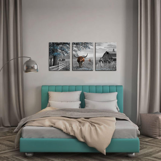 yiijeah Western Wall Decor - Rustic Blue Tree Brown Cow 3 Piece Wall Art - Farmhouse Black and White Picture Canvas Artwork for Walls - Field Scenery Wall Art