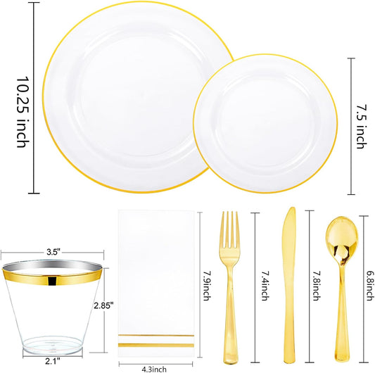SUT 175 PCS Clear and Gold Plastic Plates, Plates Disposable Heavy Duty for 25 Guests, Disposable Plates for Party and Wedding, Party plates and Cups and Napkins Sets, Plastic plates Disposable