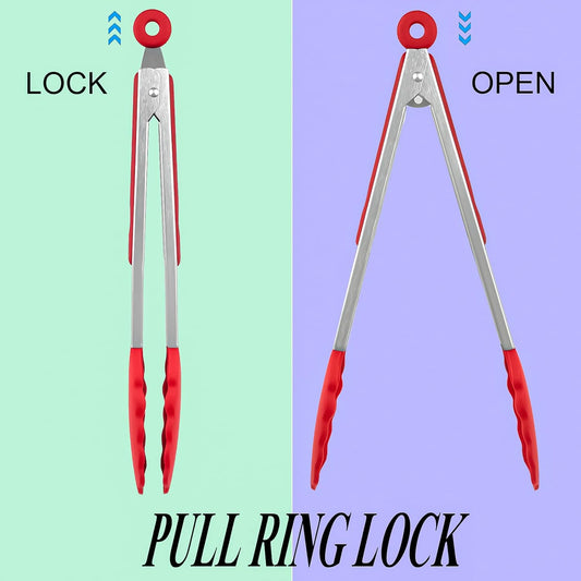 HST 3 Pack Kitchen Tongs, Non Stick Stainless Steel 9 Inch Tongs With Silicone Tip for Cooking BBQ Baking(Red)