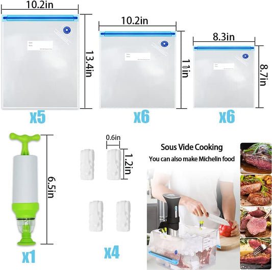 Sous Vide Bags 22 Pack Reusable Vacuum Food Storage Bags Kit, with 3 Sizes Vacuum Food Bags,1 Hand Pump, 4 Sealing Clips for Food Storage and Sous Vide Cooking