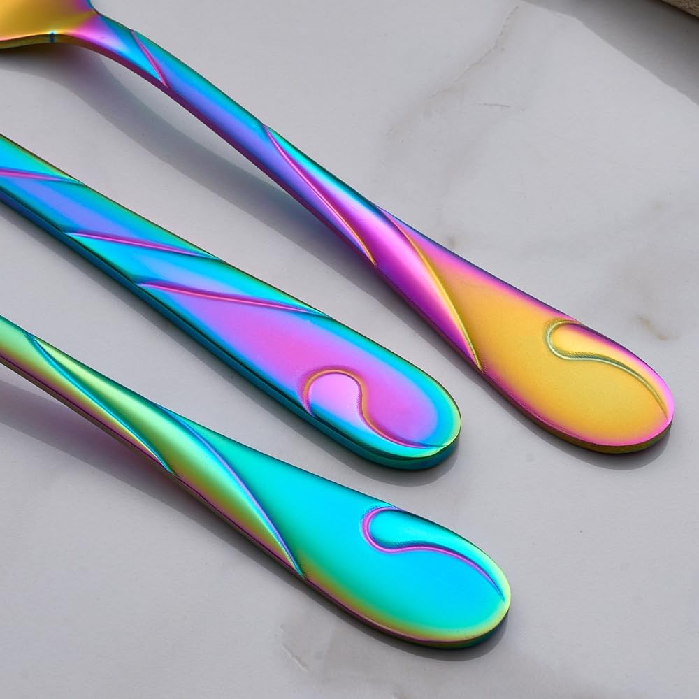 Rainbow Silverware Set for 12, 60-Piece Stainless Steel Flatware Set, Shiny Rainbow Metal Cutlery Set, Include Fork, Knife and Spoon Set, Dishwasher Safe