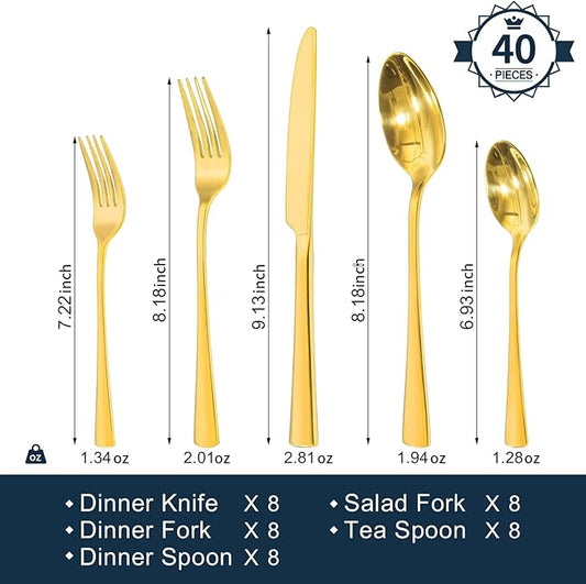 KINGSTONE Silverware Set for 8, 40-Piece Forged 18/10 Stainless Steel Flatware Set, Mirror Finish Cutlery Set Dishwasher Safe for Home, Restaurant, Wedding, Party,Gold
