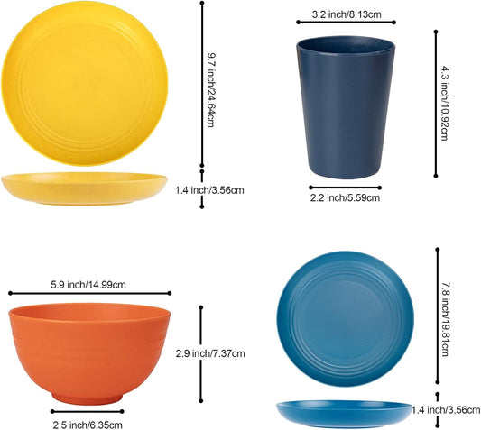 LIYH 48 Pcs Wheat Straw Dinnerware Plates and Bowls Set Dishwasher Safe Unbreakable Light Weight Plates Service for 12 Reusable Multicolor Dinnerware Set Dish Sets 24 Plate 12 Bowl 12 Cup