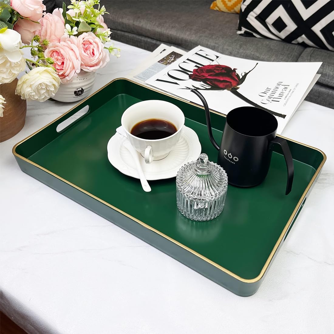 Rectangular Decorative Tray, Plastic Serving Trays with Handles, Coffee Table Tray for Ottoman, Living Room, Kitchen, Home Decor 15.7” x 10.2” x1.37”(Green)