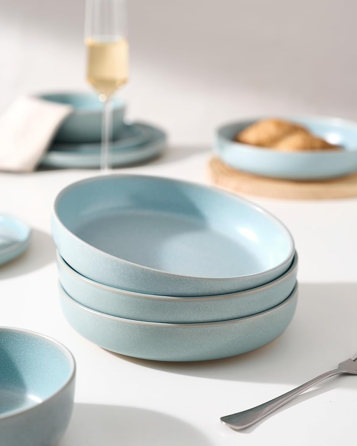 famiware Milkyway Pasta Bowls Set of 4, 8.5" Large Salad Bowls, Double Reactive Glaze, Sturdy & Stackable, Ideal for Housewarming, Festivals, Light Blue