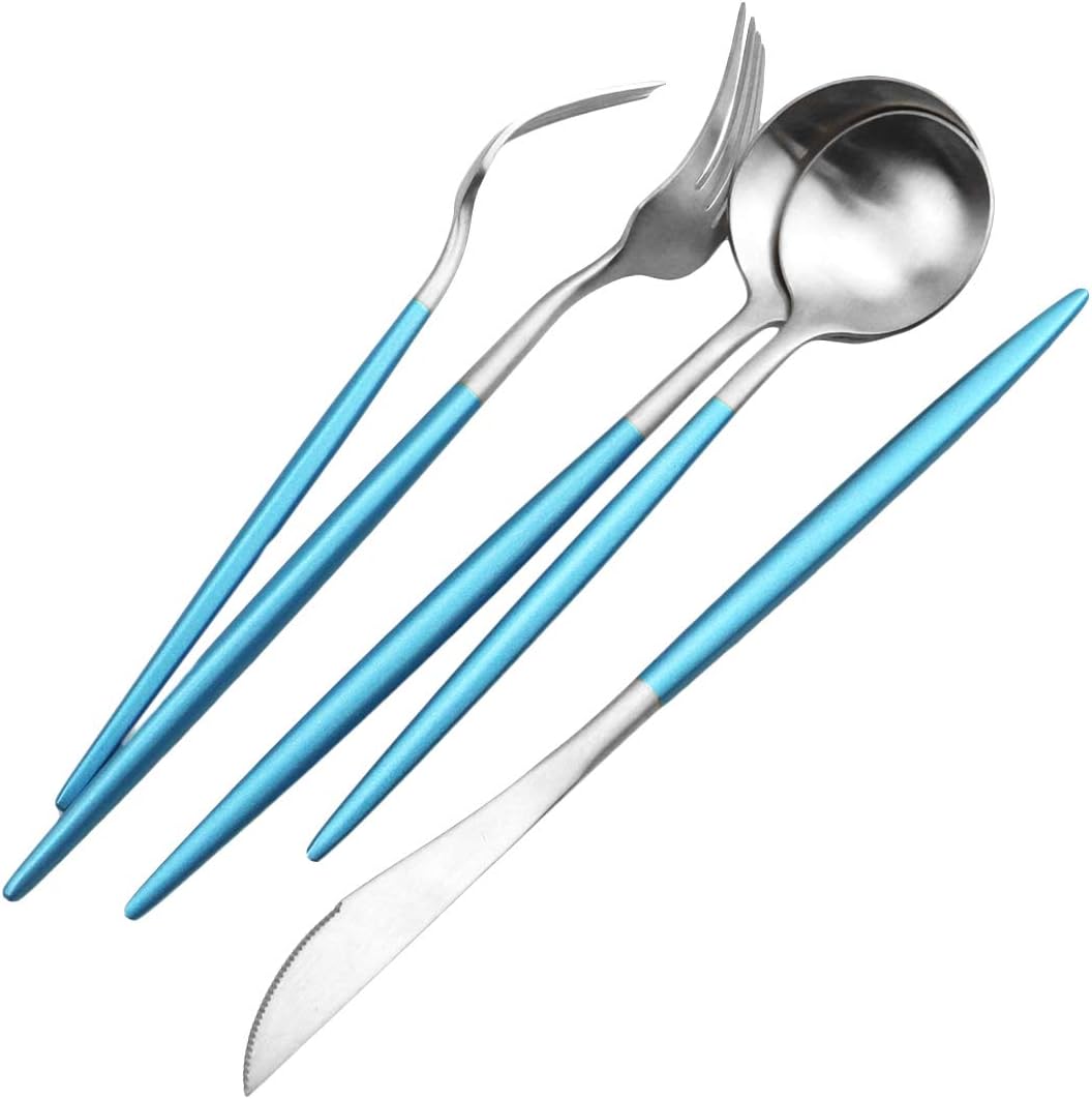 JASHII Silverware Sets, 5-Piece Blue Flatware 18/10 Stainless Steel Heavy Weight Forged Cutlery Eating Utensils Forks Spoons Knives Set Tableware Service for 1 Matte Finished (Blue & Silver)