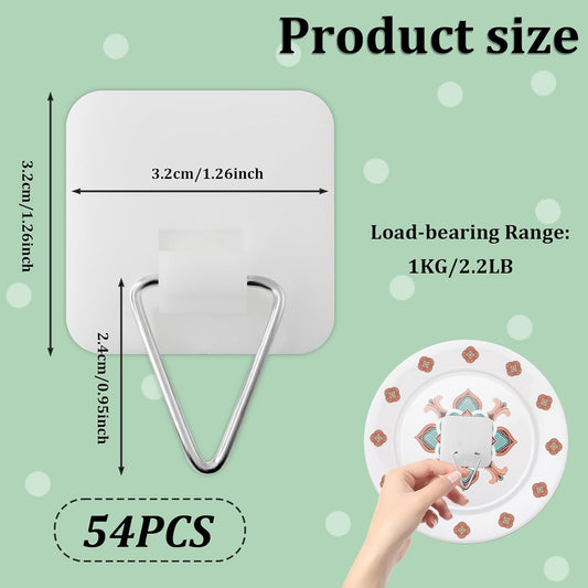 54 PCS Plate Hangers for The Wall, 0.8 Inch Mini Adhesive Vertical Plate Holders, Invisible Plate Hanger, Wall Hanging Hooks for Decorative Plates Pictures (Large Square)