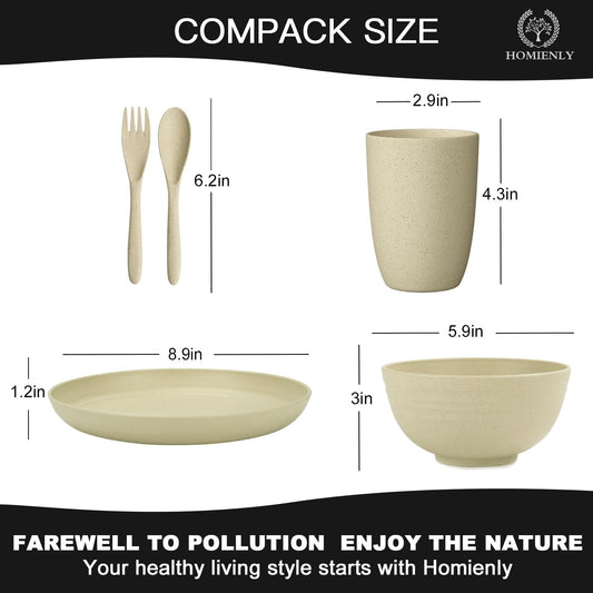 Homienly Wheat Straw Dinnerware Sets, 20pcs Lightweight Unbreakable Dinnerware, Microwave Dishwasher Safe Bowls Cups Forks Spoons set,Perfect for Camping Outdoor, Beige
