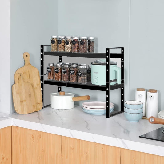 Expandable Stackable Spice Rack Cabinet Shelf Organizer in Cabinets Shelves Kitchen Cupboard Organization Stack up Racks Pantry Countertop Storage Large/Black 2 Packs