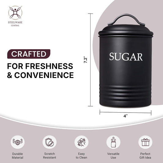 Kitchen Canister Set of 3 Sugar Coffee Tea with lids Food Storage, Black