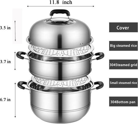 MANO Steamer Pot for Cooking 11.8 inch Steam Pots with Lid 2-tier Stainless Steel Steaming Pot Multipurpose Cookware with Handle for Vegetable, Dumpling, Stock, Sauce, Food