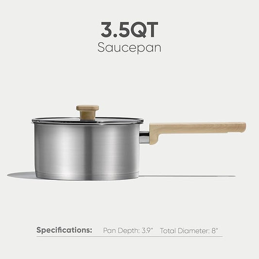 CAROTE 3.5Qt Stainless Steel Sauce Pan Set with Lid, 3-ply Base, Non-Toxic PTFE & PFOA Free Saucepan, Induction Cookware Set, Small Kitchen Pots, Stay-Cool Handles