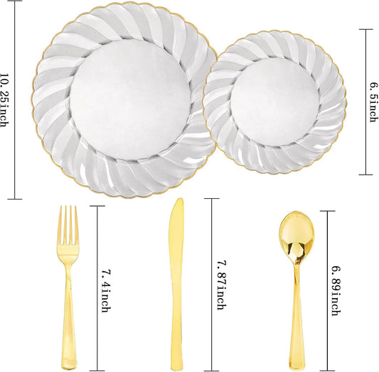 YOUBET 125PCS Clear Black Plastic Plates - Black and Gold Disposable Plates Include 50 Plate, 75 Silverware for Wedding & Party & Birthday & Halloween