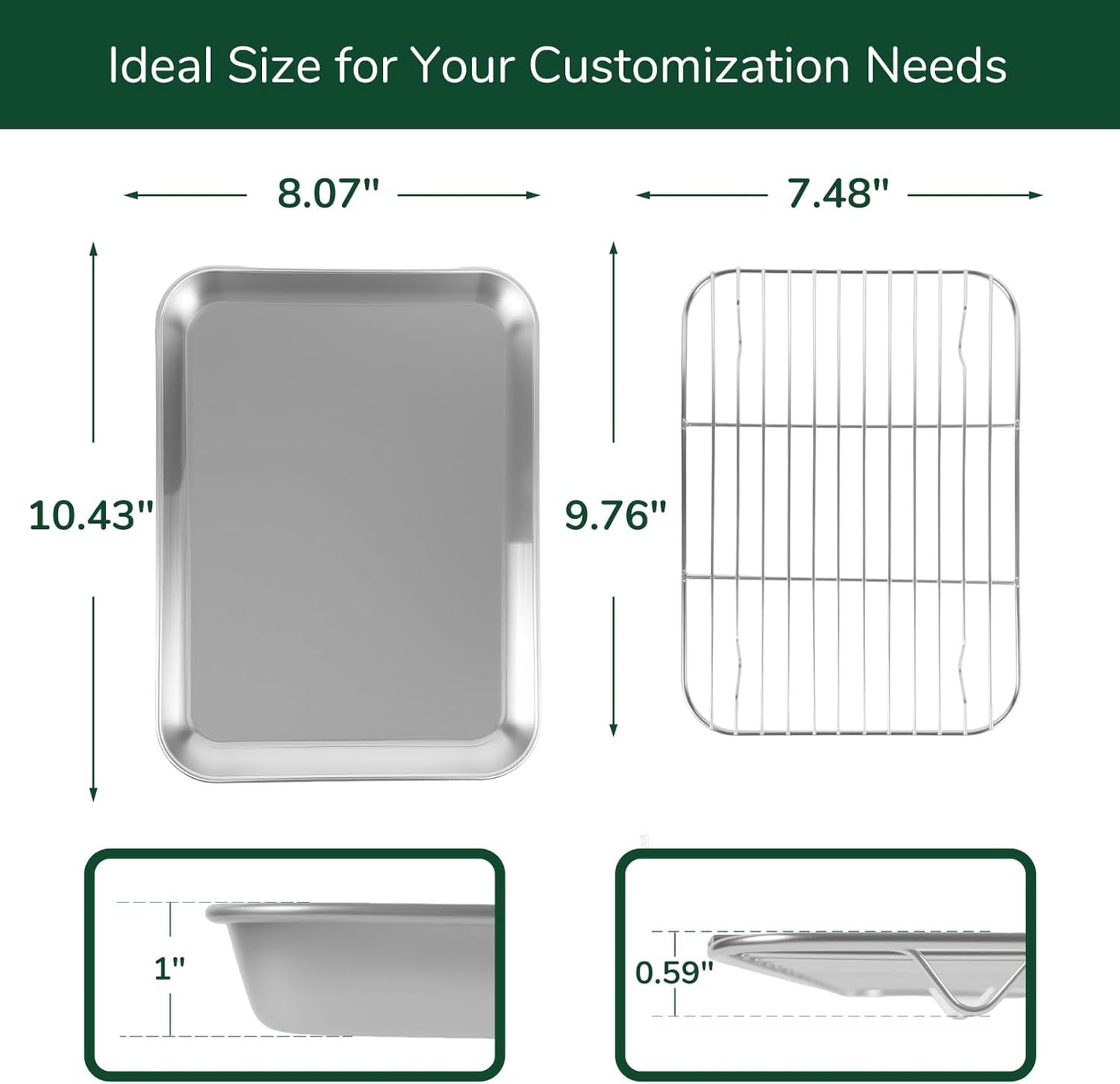 18/0 Stainless Steel Baking Sheet with Cooling Rack, Oven-Safe Non-Toxic Cookie Sheets for Baking, Set of 4, Coating Free & Rust Resistant for Healthy Family Baking, Easy to Clean, Heavy-Duty