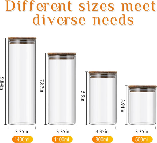 24 Pcs Glass Storage Jar with Acacia Wooden Lid, 4 Sizes Food Storage Container Clear Stackable Canister Airtight Glass Jar for Candy Cookie Rice Sugar Pasta 3.4''x4'', 6'', 7.9'', 9.8''