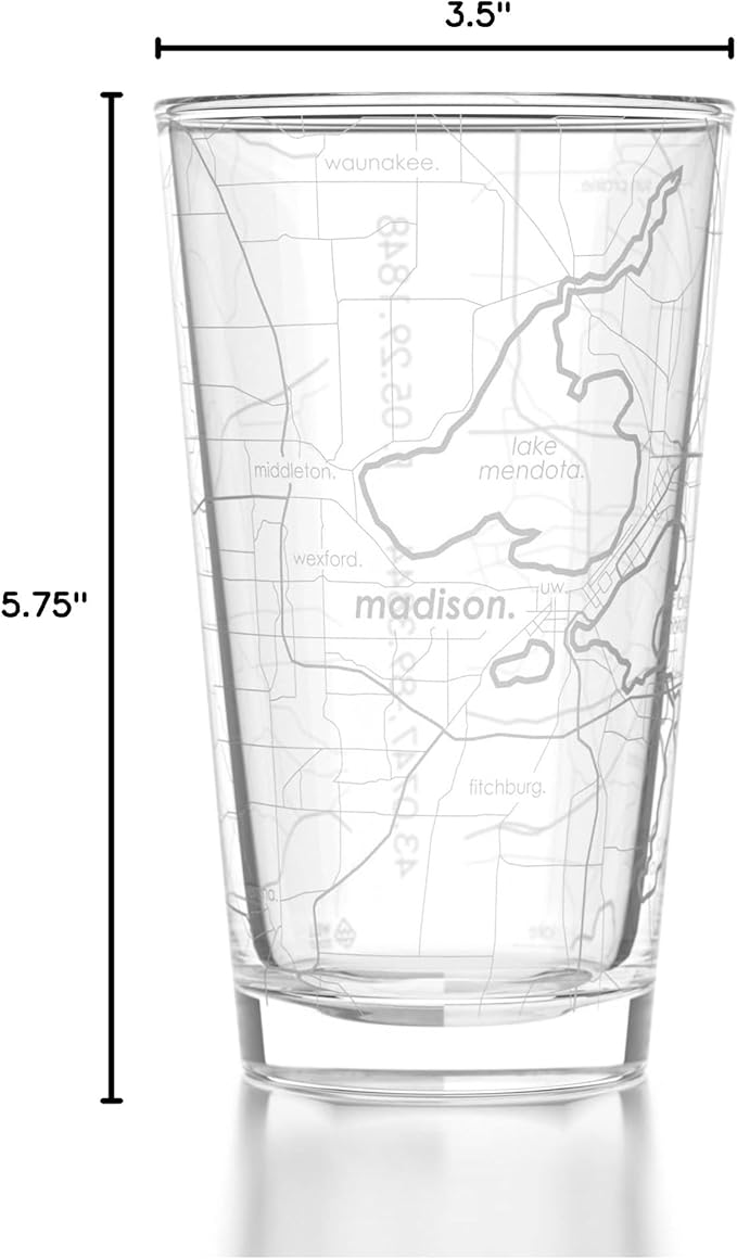 Well Told Engraved Madison Wisconsin Map Pint Glass, Etched Beer Gift (16 oz, Clear) City Map Pint, Custom City Glassware, Gifts For Beer Lovers
