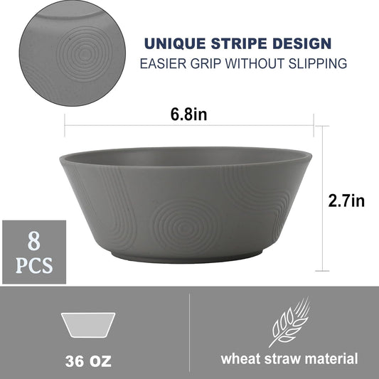 PYRMONT 36 OZ Cereal Bowls - Wheat Straw Sets of 8 Reusable Unbreakable Plastic for Soup, Salad, Rice, Noodles - Microwave & Dishwasher Safe - Black to Grey