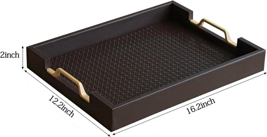 HofferRuffer Faux Leather Rectangle Serving Tray Decor Platter with Gold Metal Handles for Coffee Table, Breakfast, Tea, Food, Countertop, Kitchen, Butler Tray, 16.2 x 12.2 x 2 inches (Coffee)