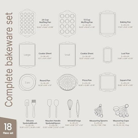 18-Piece Deluxe Nonstick Carbon Steel Bakeware Set - Professional Kitchen Oven Baking Pans with White Silicone Handles and Accessories