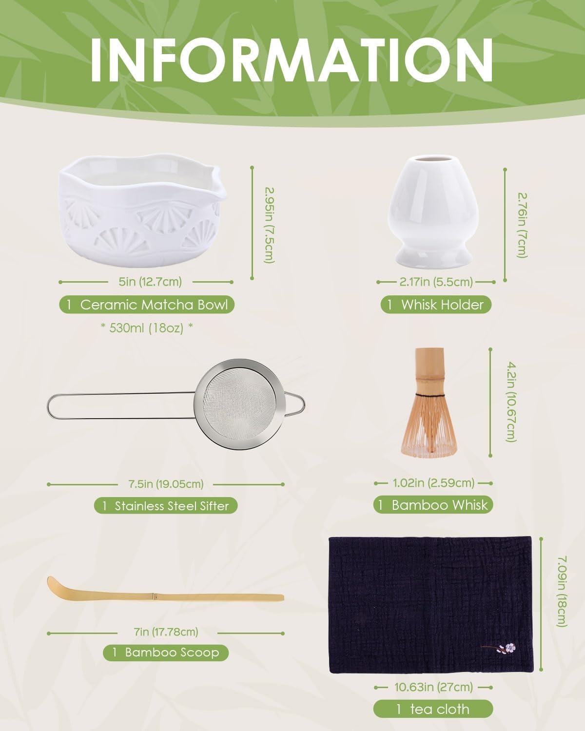 Matcha Whisk Set, Ceramic Matcha Set Includes Matcha Bowl with Spout, Matcha Whisk and Holder, Bamboo Scoop, Sifter and Tea Towel - 6 Pcs Matcha Kit Gift for Matcha Lovers (White)