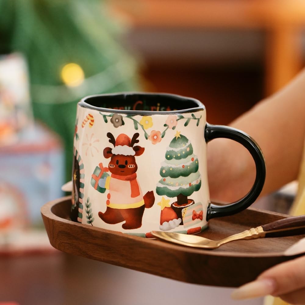 280ml/9.47oz Set of 2 Christmas Coffee Ceramic Mugs with Cute Design,Christmas Coffee Cup with Gift Box,Ceramic Mug as Christmas Gifts for Family, Friends and Colleagues