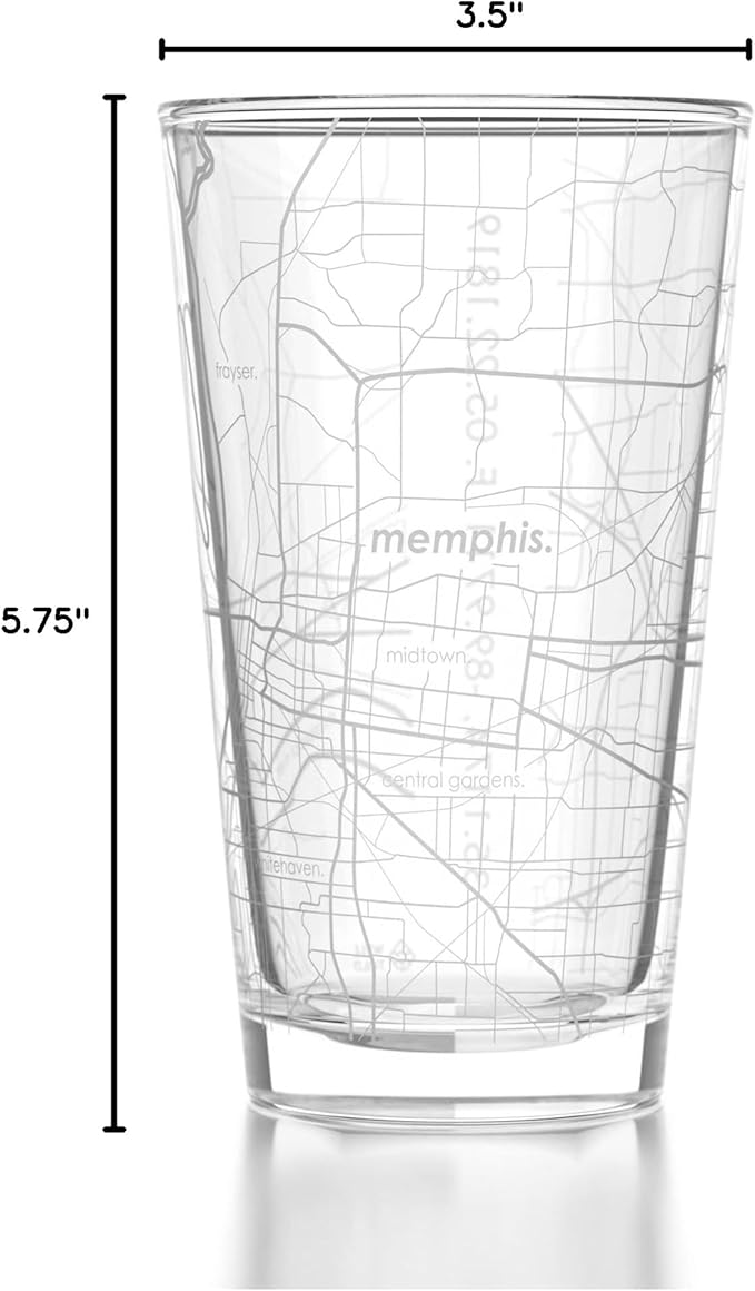 Well Told Engraved Memphis Tennessee Map Pint Glass, Etched Beer Gift (16 oz, Clear) City Map Pint, Custom City Glassware, Gifts For Beer Lovers